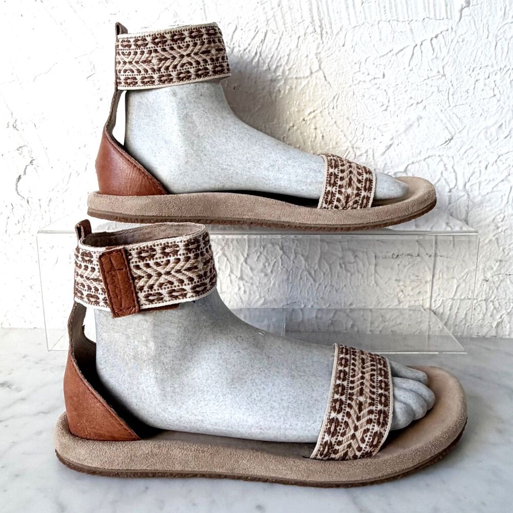 Teva Anna Ankle Strap Sandal Womens 9 Brown Cream Woven Strap Leather Boho Flat